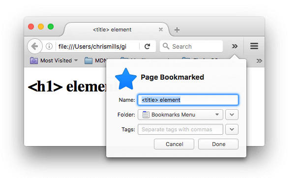 A webpage being bookmarked in Firefox. The bookmark name has been automatically filled in with the contents of the 'title' element